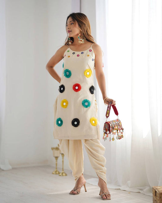 Festive Wear Off White Khadi Cotton With Mirror Khatli Work Kurta Set