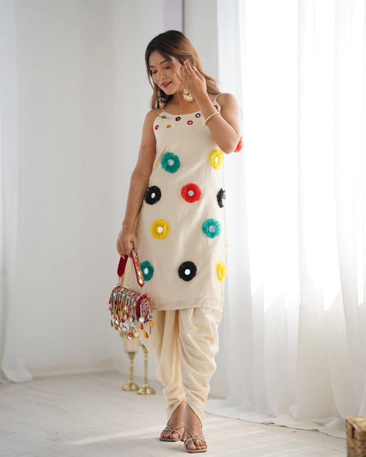 Festive Wear Off White Khadi Cotton With Mirror Khatli Work Kurta Set