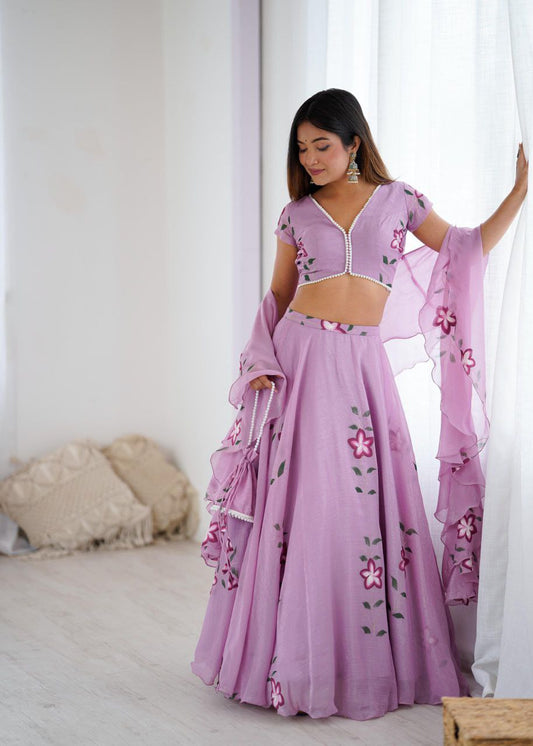 Arti Chauhan Wear Lavender Color Handpainted Fandy Crush Lehenga Set
