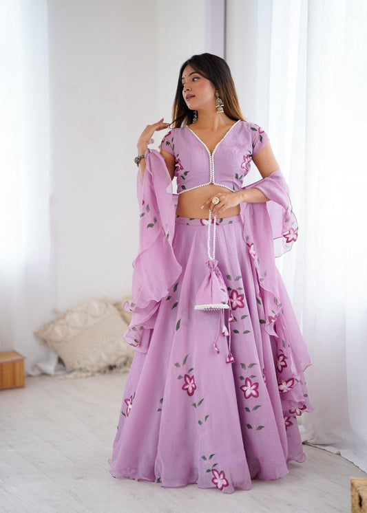 Arti Chauhan Wear Lavender Color Handpainted Fandy Crush Lehenga Set