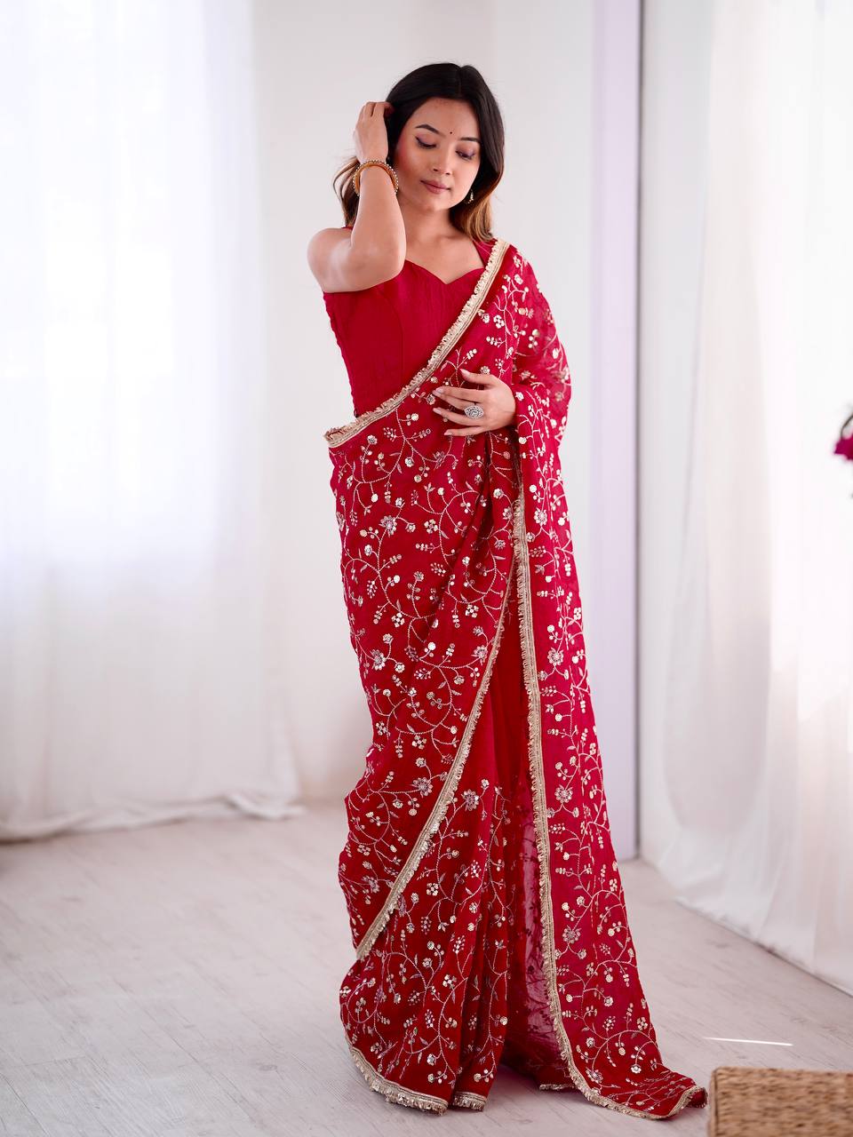 Arti Chauhan's Wear Red Color Sequence Work Beautiful Designer Saree