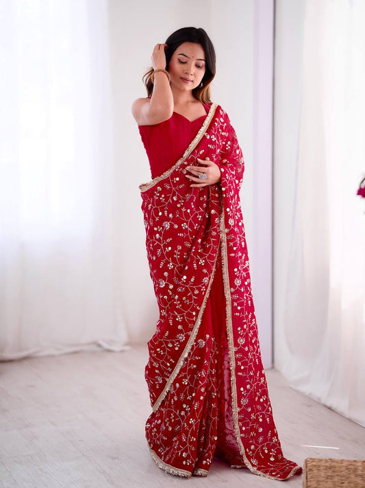 Arti Chauhan's Wear Red Color Sequence Work Beautiful Designer Saree