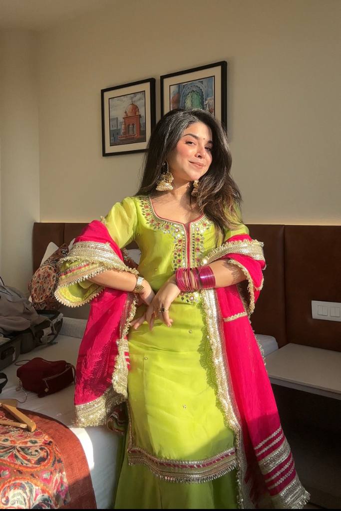 Wedding Wear Parrot Color Faux Blooming With Sequins And Thread Embroidered Work Sharara Suit