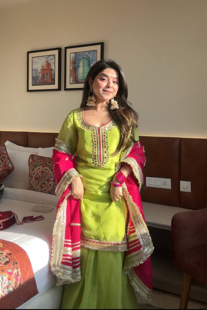 Wedding Wear Parrot Color Faux Blooming With Sequins And Thread Embroidered Work Sharara Suit