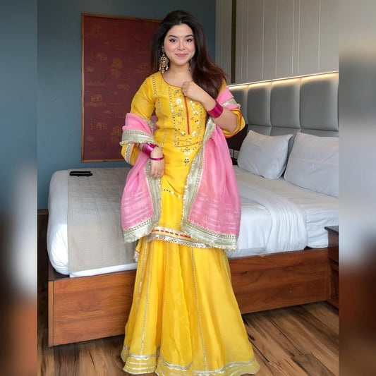 Neha's Yellow Color Chinon Silk Embroidered Work Sharara Suit