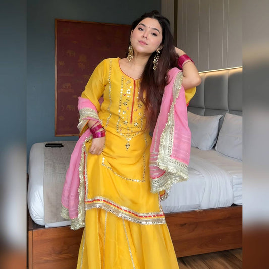 Neha's Yellow Color Chinon Silk Embroidered Work Sharara Suit