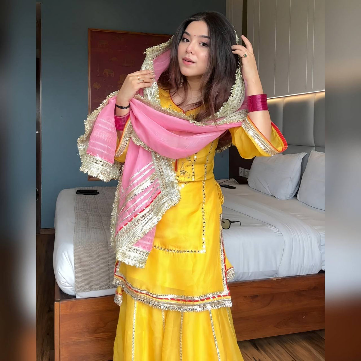 Neha's Yellow Color Chinon Silk Embroidered Work Sharara Suit