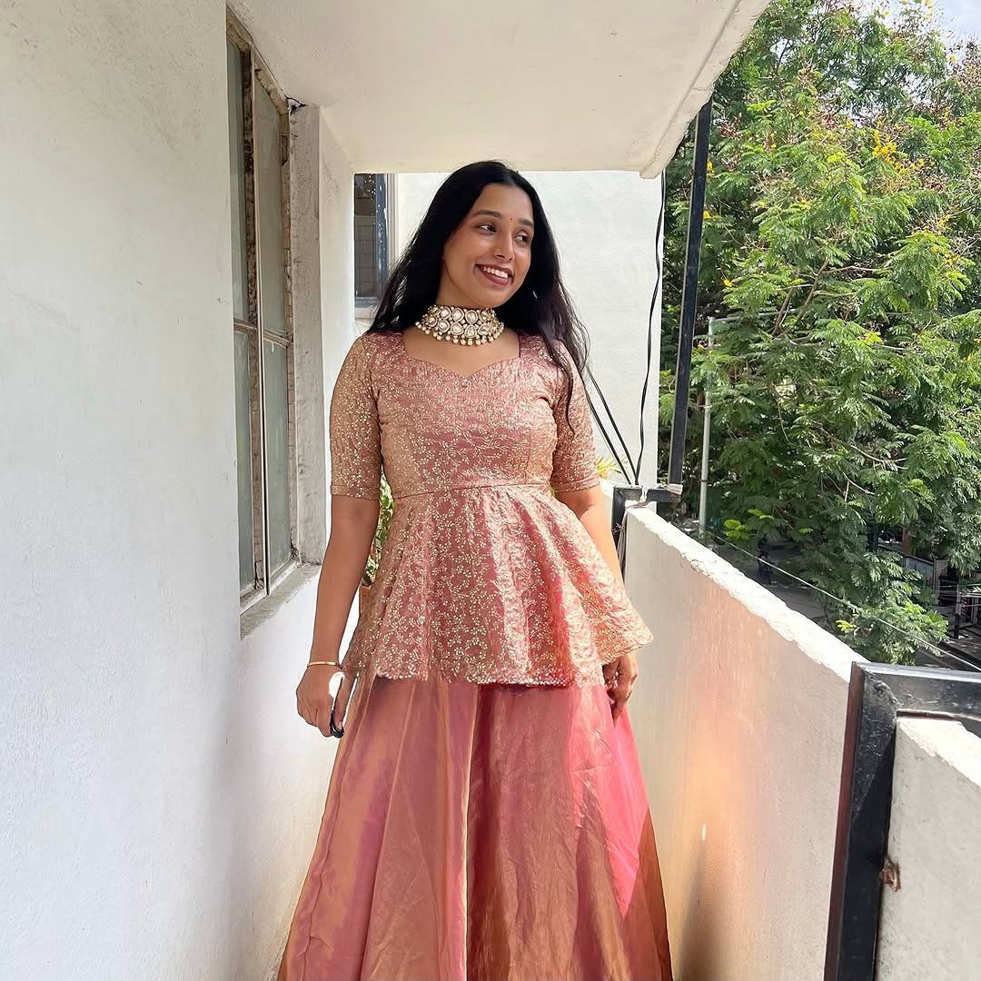 Peach Color Silk Party Wear Top And Lehenga Set