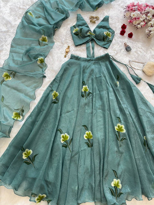 Festive Wear Sky Green Color Fandy Crush Handpaint Lehenga Set