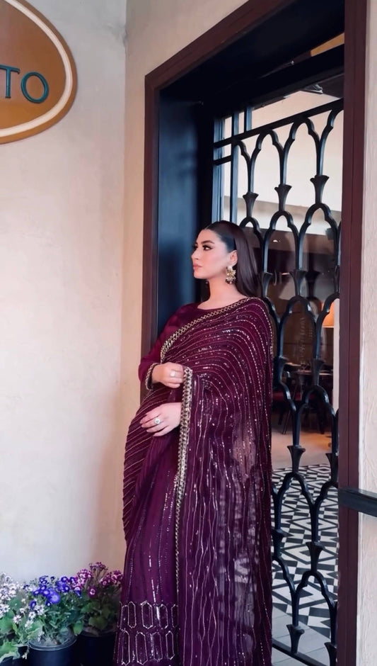 Wedding Wear Wine Color Sequins Work Designer Saree