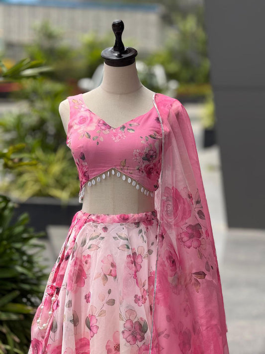 Elegant Baby Pink Color Silk Digital Print Lehenga Set With Batwa