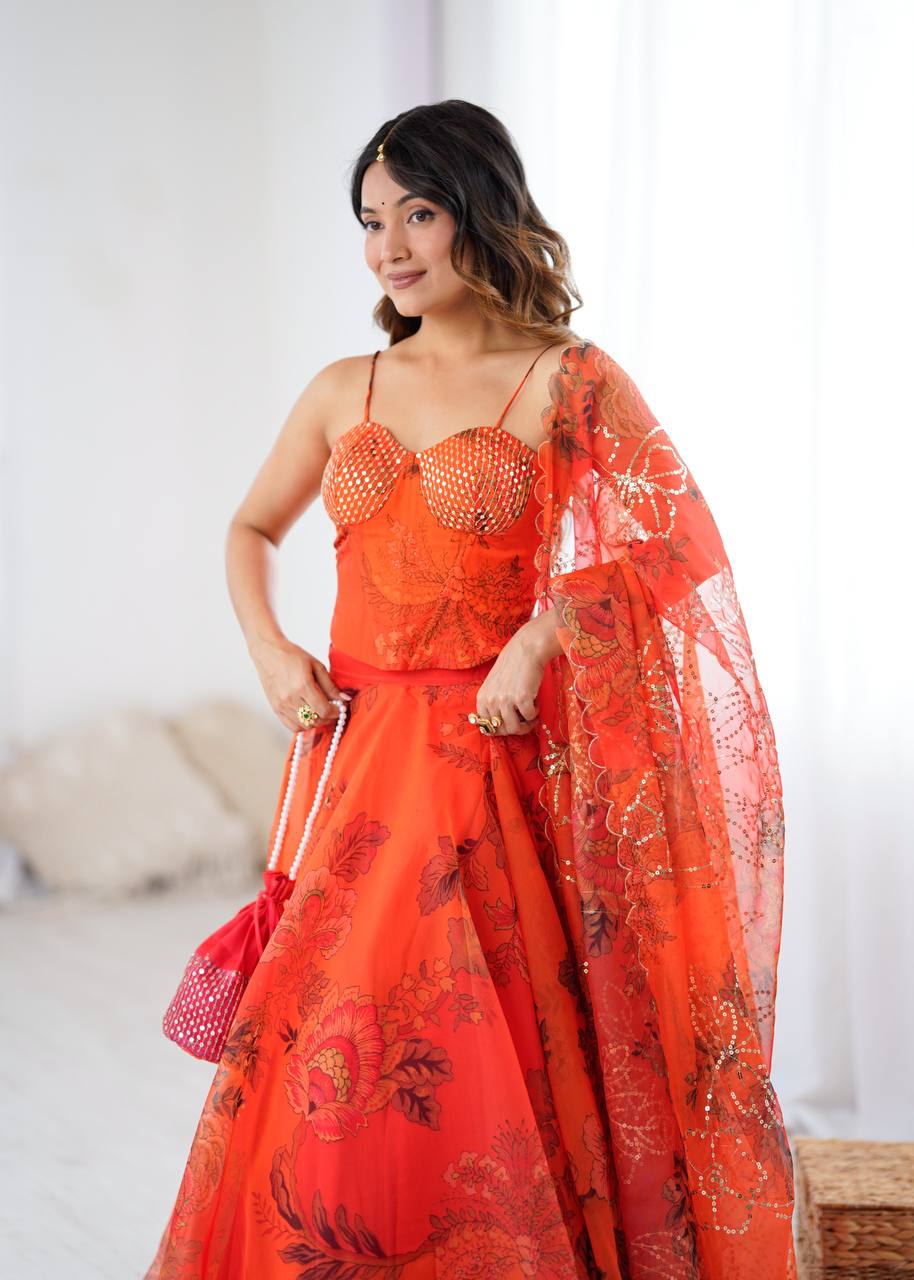 Arti Chauhan's Orange Organza Readymade Lehenga Choli Set With Designer Batwa