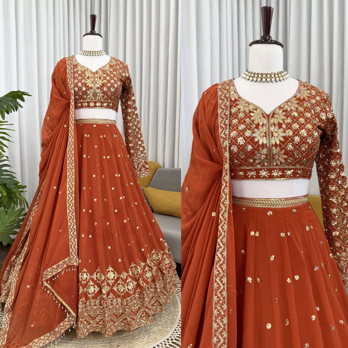 Wedding Wear Orange Color Faux Georgette Lehenga Choli Set