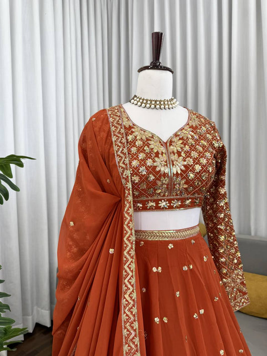 Wedding Wear Orange Color Faux Georgette Lehenga Choli Set