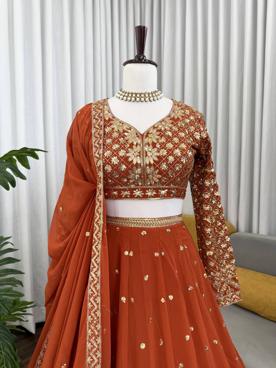 Wedding Wear Orange Color Faux Georgette Lehenga Choli Set