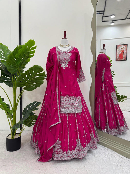 Attractive Pink Color Embroidered Designer Top With Lehenga