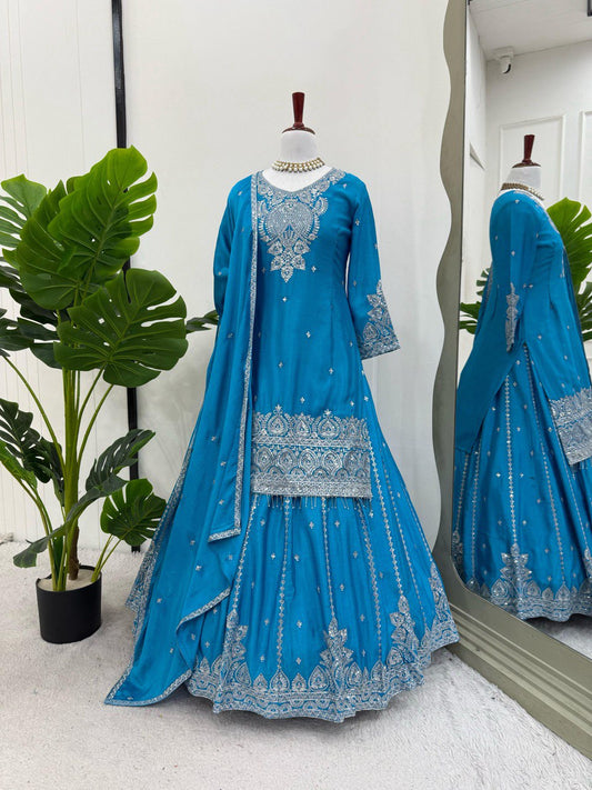 Gorgeous Sky Blue Color Embroidered Designer Top With Lehenga