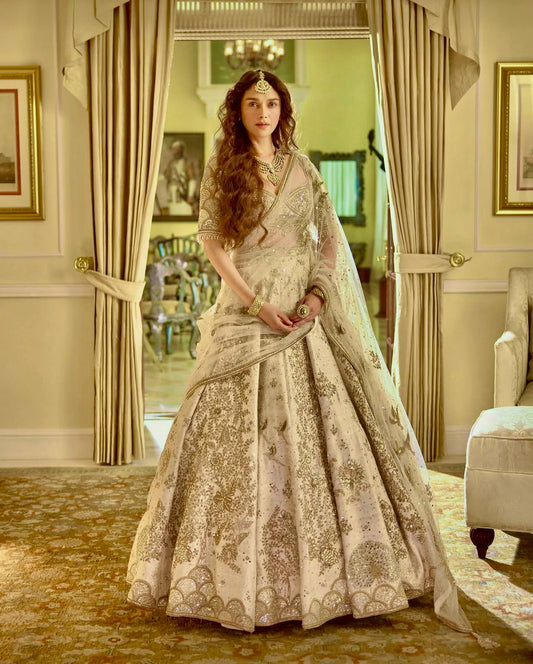 Luxurious Beige Color Bridal Wear Lehenga Set