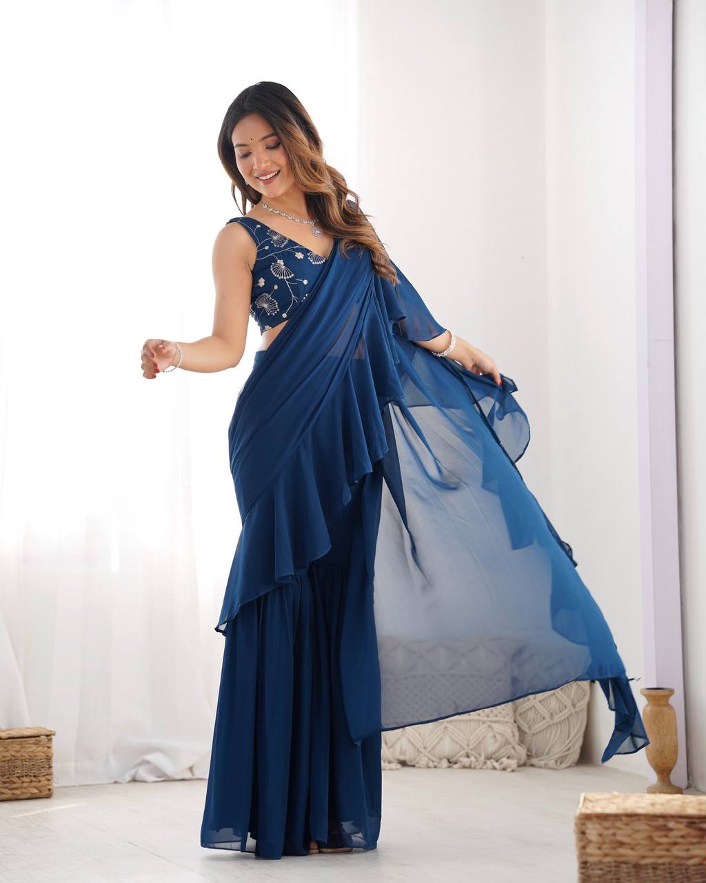 Function Wear Teal Blue Color Pure Fox Georgette Fabric,Fancy Work Ready To Wear Saree