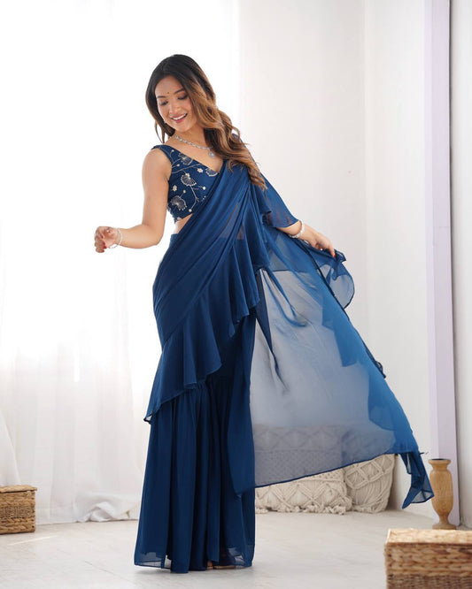 Function Wear Teal Blue Color Pure Fox Georgette Fabric,Fancy Work Ready To Wear Saree