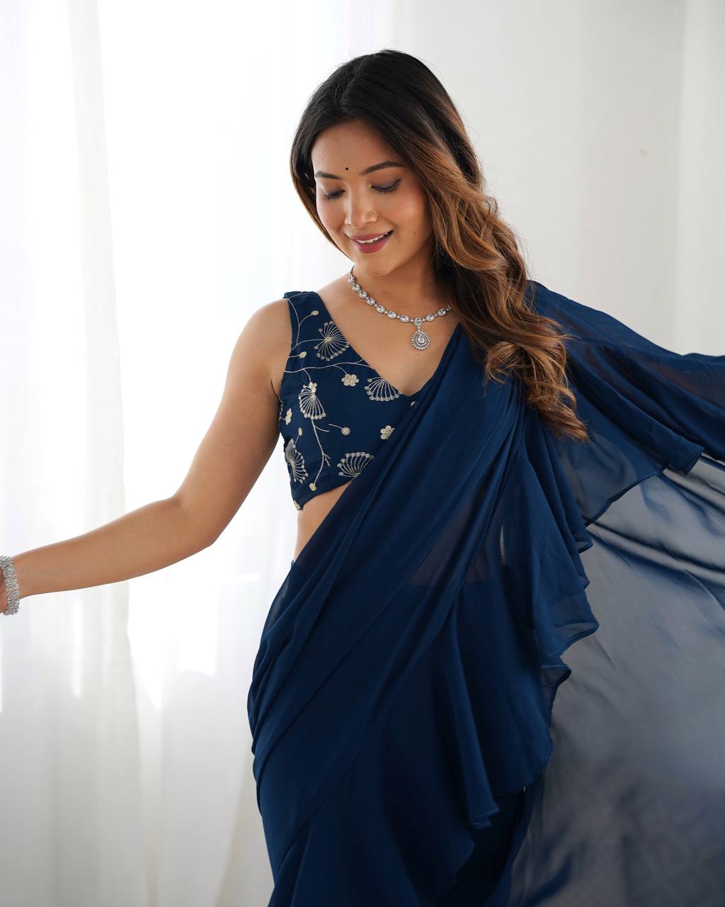 Function Wear Teal Blue Color Pure Fox Georgette Fabric,Fancy Work Ready To Wear Saree
