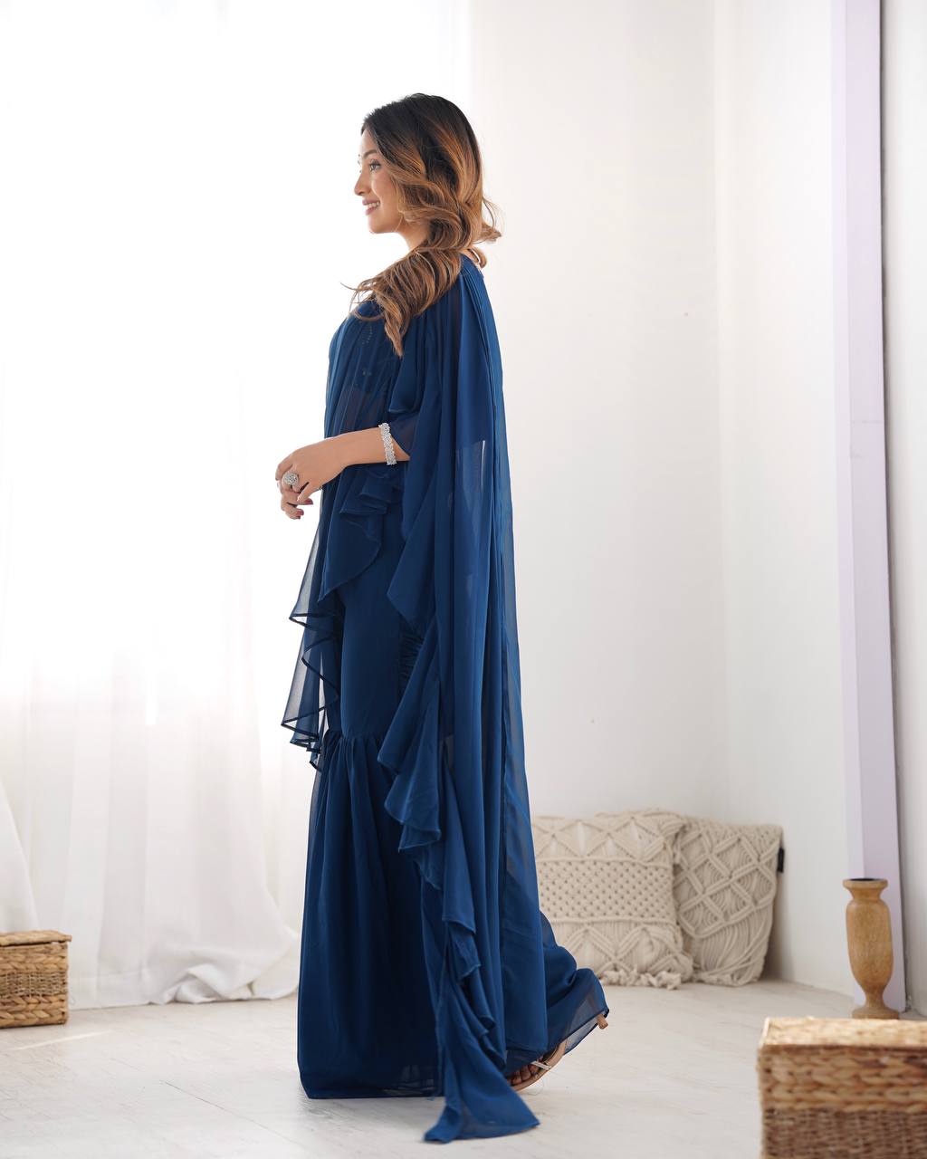 Function Wear Teal Blue Color Pure Fox Georgette Fabric,Fancy Work Ready To Wear Saree