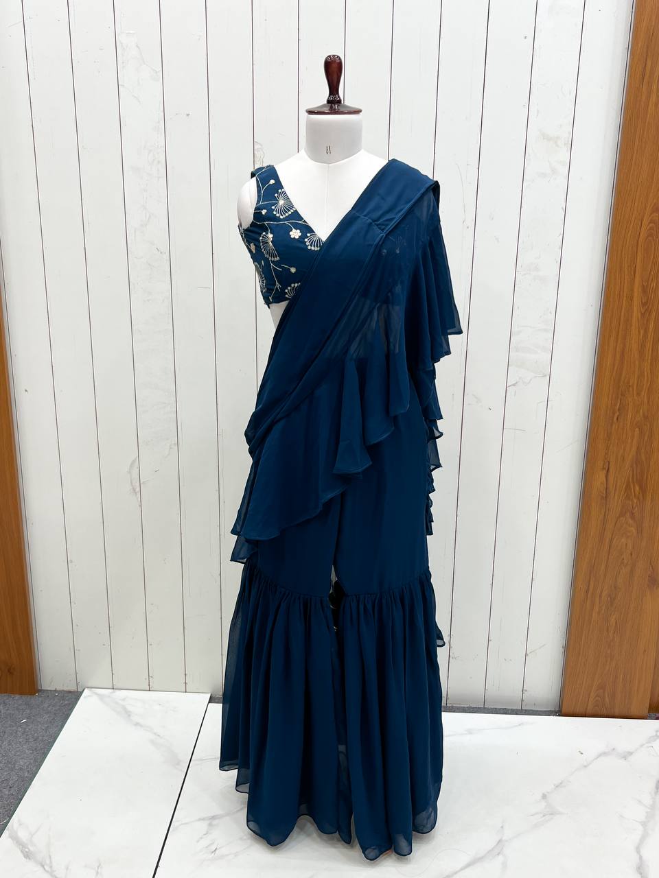 Function Wear Teal Blue Color Pure Fox Georgette Fabric,Fancy Work Ready To Wear Saree