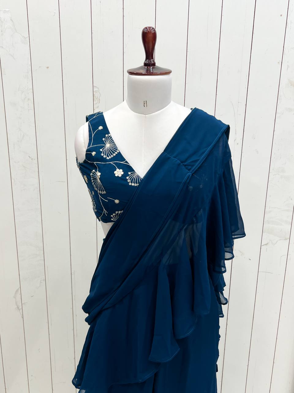 Function Wear Teal Blue Color Pure Fox Georgette Fabric,Fancy Work Ready To Wear Saree