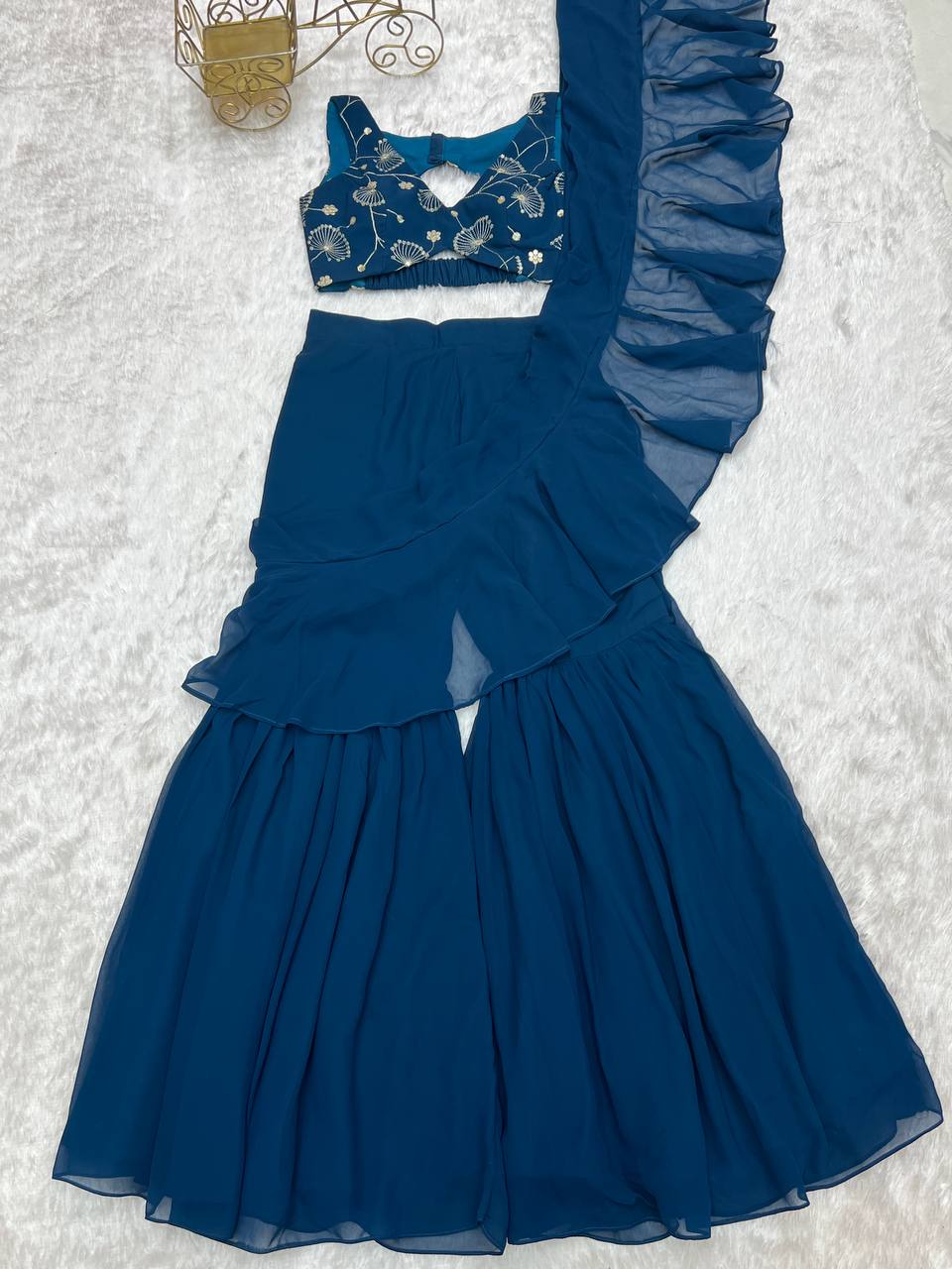 Function Wear Teal Blue Color Pure Fox Georgette Fabric,Fancy Work Ready To Wear Saree