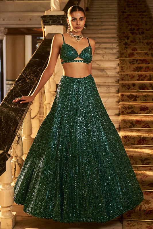 Sangeet Wear Green Color With Sequin Work Lehenga Set