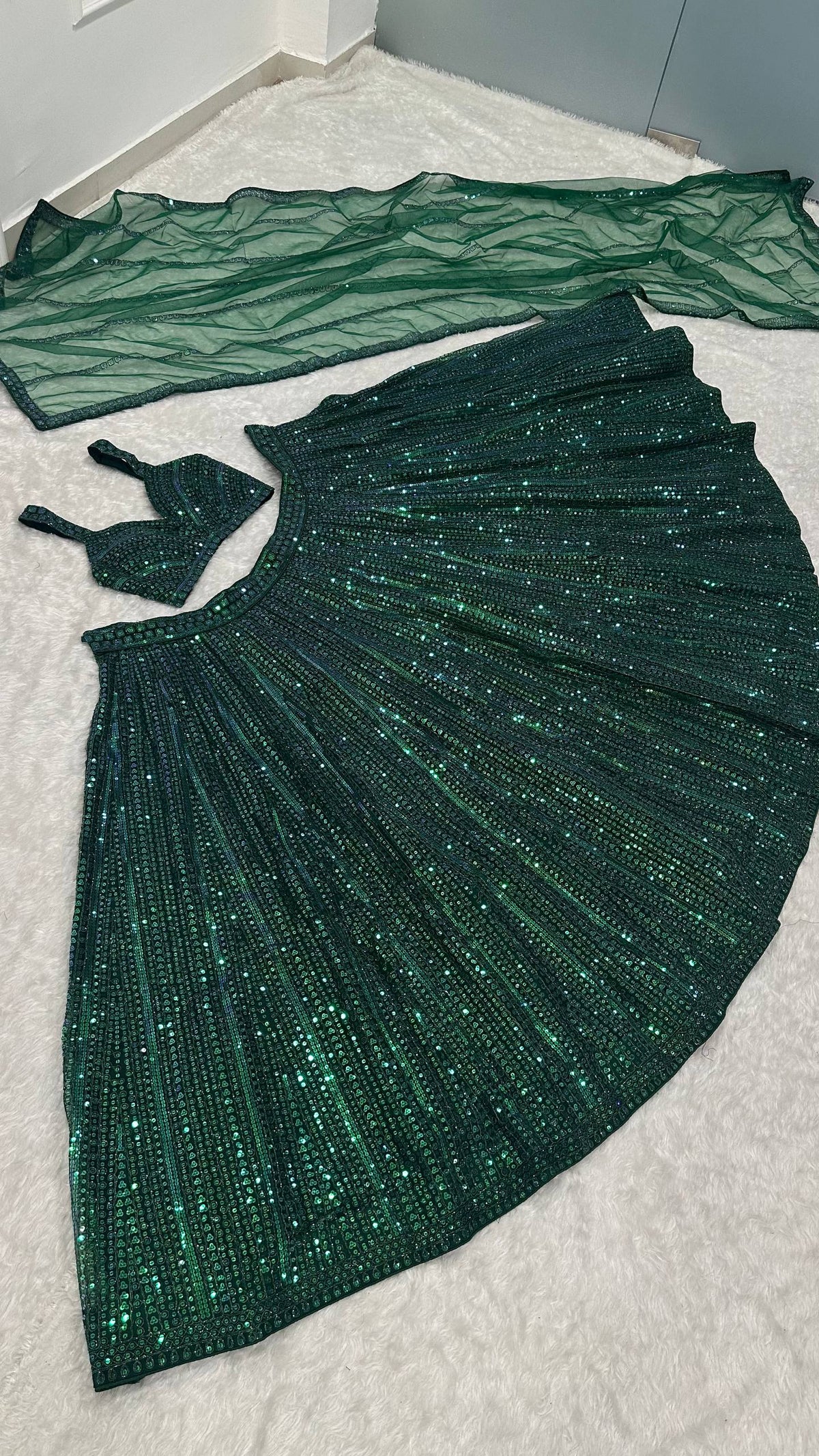 Sangeet Wear Green Color With Sequin Work Lehenga Set