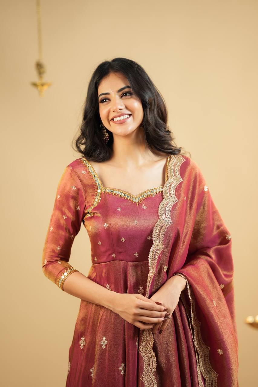 Party Wear Chocolate Color Cosmo With Heavy Sequins Thread Embroidered Work Anarkali Suit