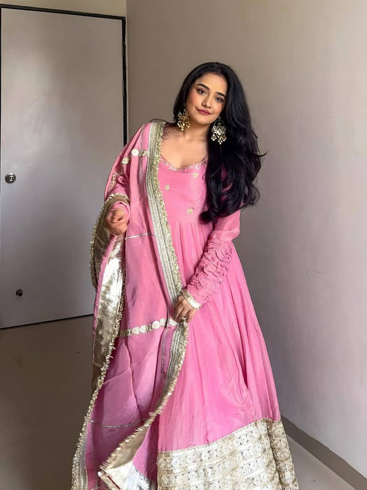 Celebrity Style Dusty Pink Color Vichitra Silk With Embroidery Zari-Codding Sequins Work Anarkali Gown