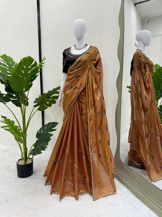 Festive Wear Brown Color Fendy Silk Thread And Sequin Embroidery Work Designer Saree