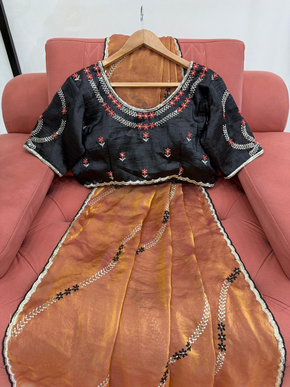 Festive Wear Brown Color Fendy Silk Thread And Sequin Embroidery Work Designer Saree