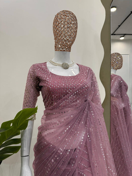 Wedding Wear Dusty Pink Color Soft Net Thread And Sequin Embroidery Work Saree