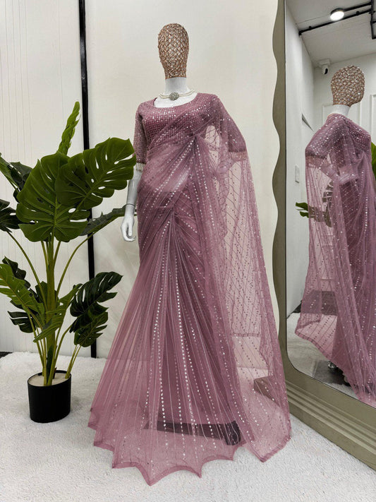 Wedding Wear Dusty Pink Color Soft Net Thread And Sequin Embroidery Work Saree