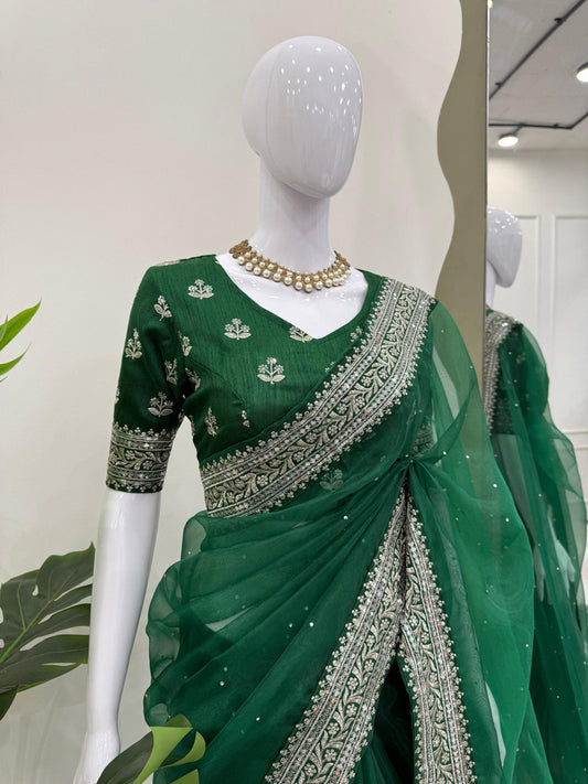 Ceremony Wear Green Color Rich Heavy Organza Silk Thread And Sequin Embroidery Work Designer Saree