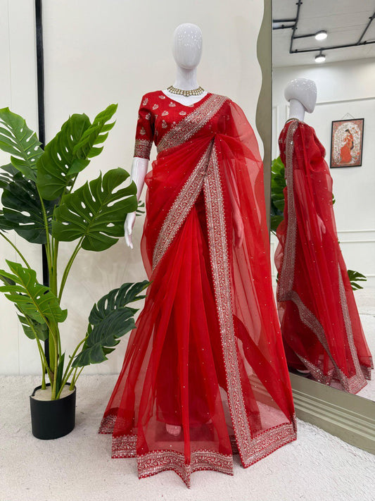 Ceremony Wear Red Color Rich Heavy Organza Silk Thread And Sequin Embroidery Work Designer Saree