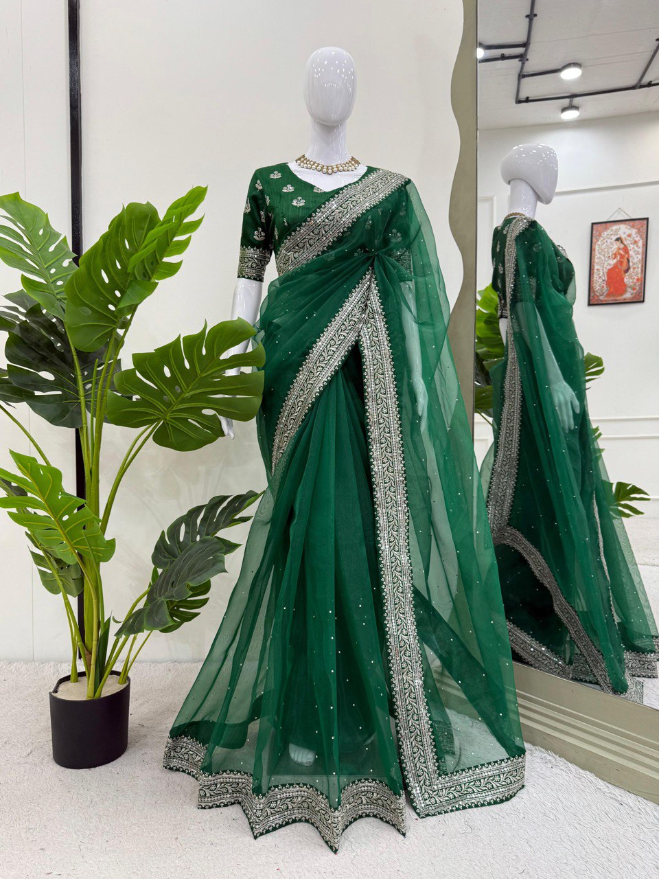 Ceremony Wear Green Color Rich Heavy Organza Silk Thread And Sequin Embroidery Work Designer Saree