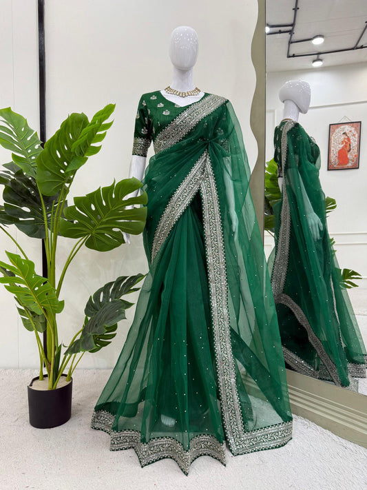 Ceremony Wear Green Color Rich Heavy Organza Silk Thread And Sequin Embroidery Work Designer Saree