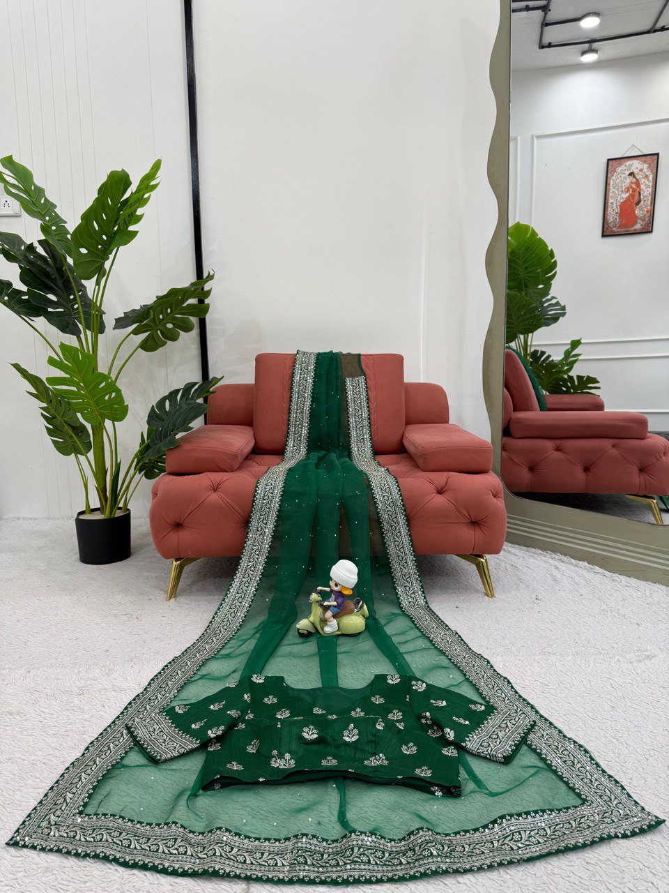 Ceremony Wear Green Color Rich Heavy Organza Silk Thread And Sequin Embroidery Work Designer Saree