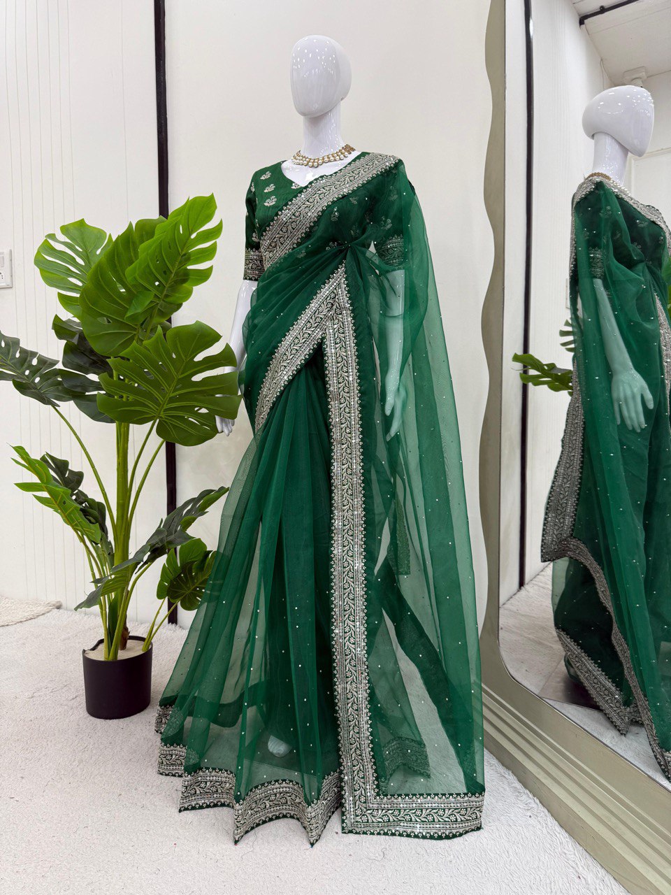 Ceremony Wear Green Color Rich Heavy Organza Silk Thread And Sequin Embroidery Work Designer Saree