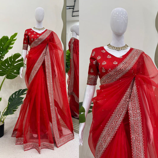 Ceremony Wear Red Color Rich Heavy Organza Silk Thread And Sequin Embroidery Work Designer Saree