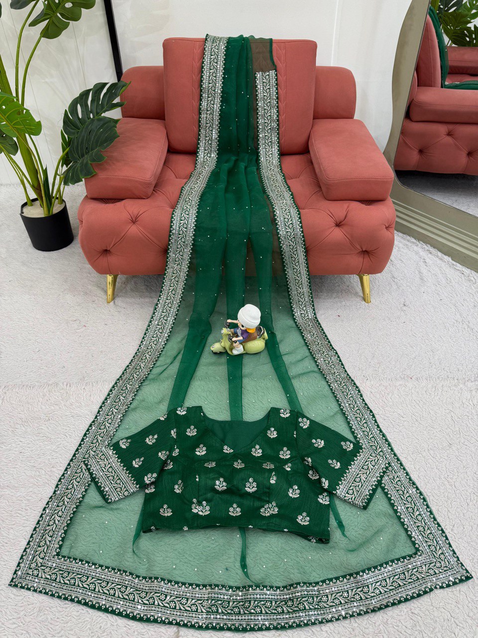 Ceremony Wear Green Color Rich Heavy Organza Silk Thread And Sequin Embroidery Work Designer Saree