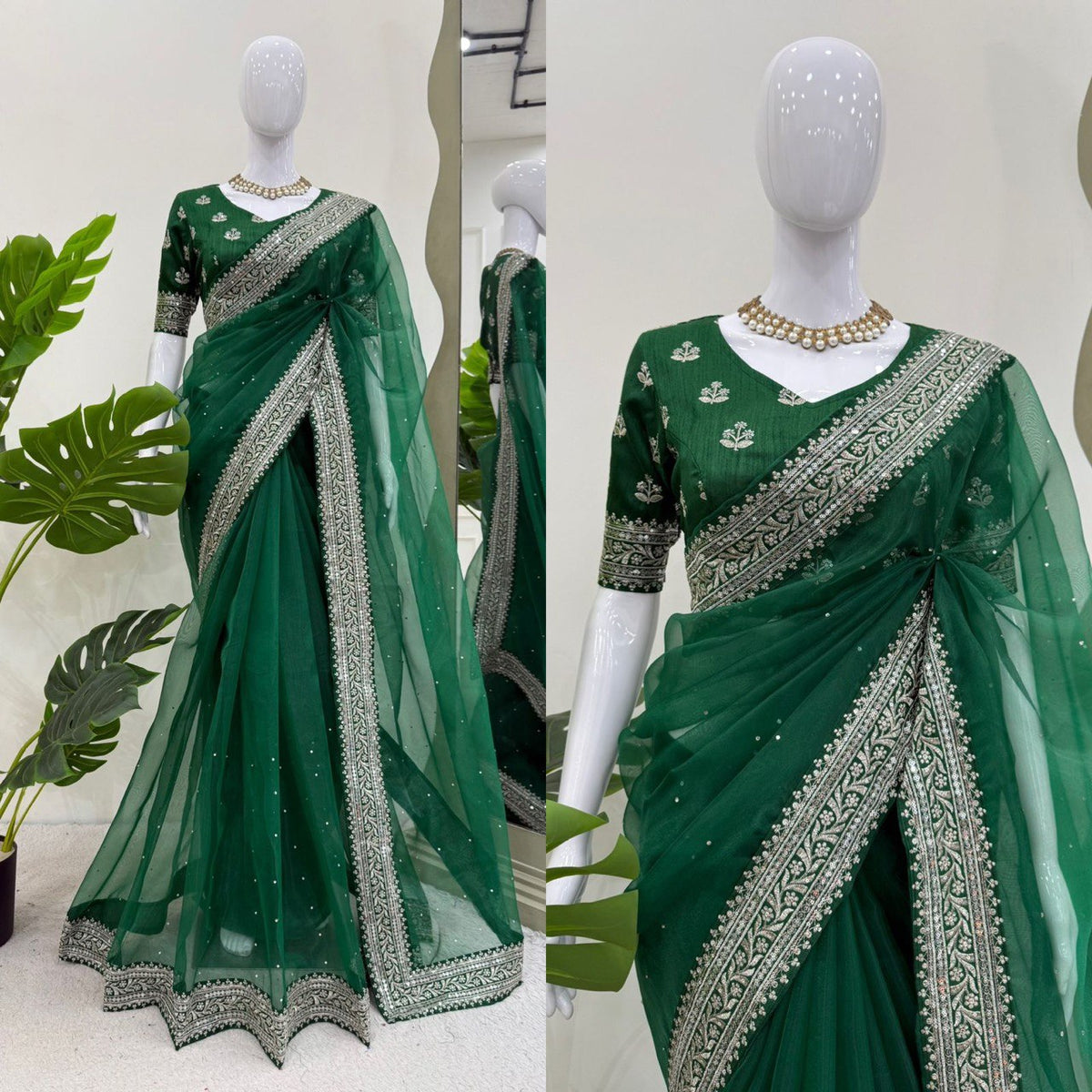 Ceremony Wear Green Color Rich Heavy Organza Silk Thread And Sequin Embroidery Work Designer Saree