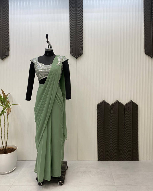 Festive Wear Green Color Georgette With Sequence Embroidery Work Beautiful Ready To Wear Saree