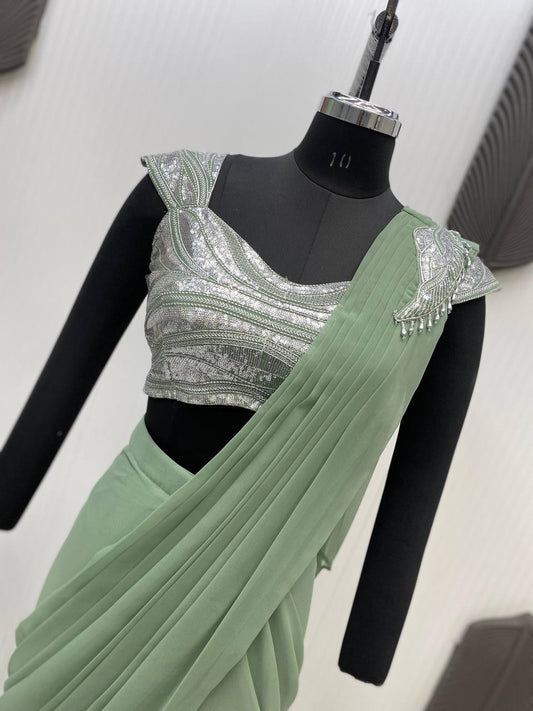 Festive Wear Green Color Georgette With Sequence Embroidery Work Beautiful Ready To Wear Saree