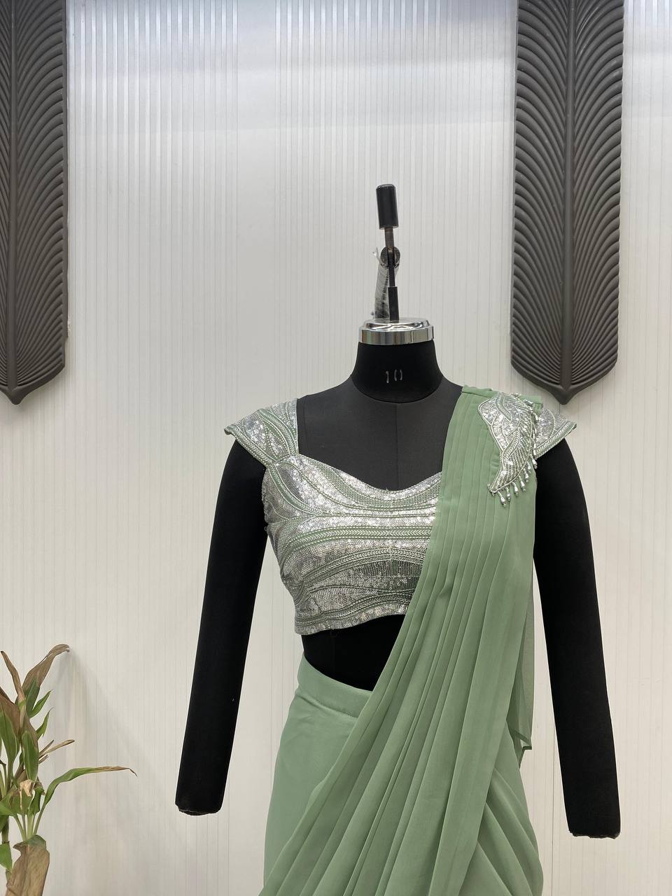 Festive Wear Green Color Georgette With Sequence Embroidery Work Beautiful Ready To Wear Saree