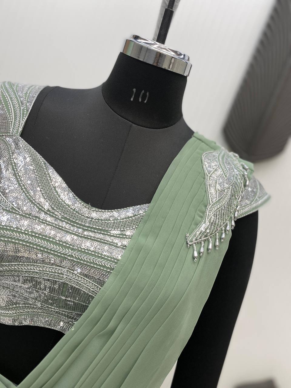Festive Wear Green Color Georgette With Sequence Embroidery Work Beautiful Ready To Wear Saree
